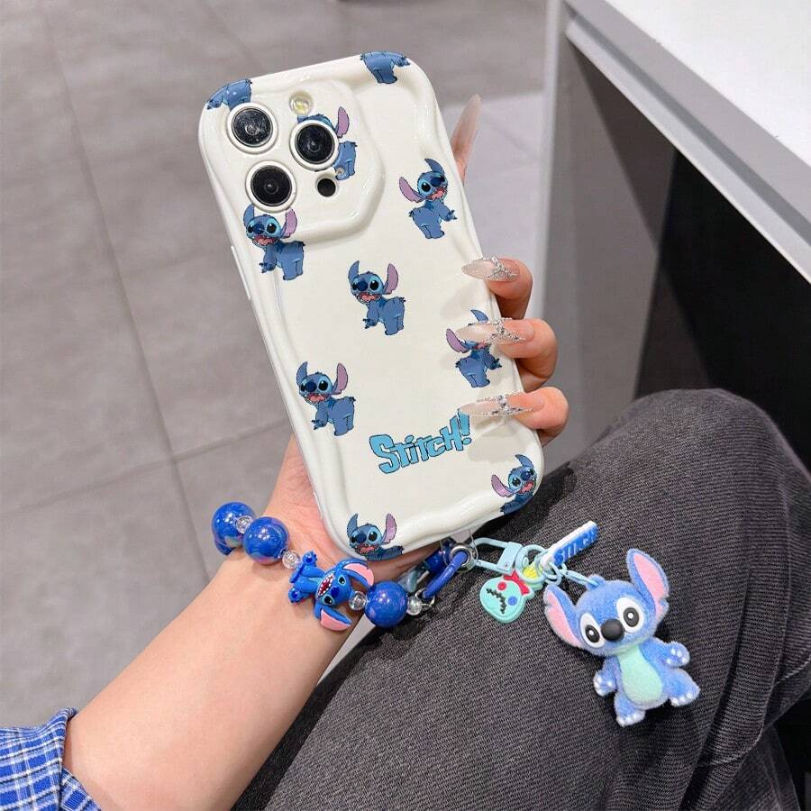 Disney Has Authorized, Phone Case - Chain Set, The Stitch Lilo & Stitch Phone Case Plus A Silicone 3D Or Fluffy Style Stitch Bracelet With Metallic Ring Removable Bracelet, Stitch And Angel Pattern, Compatible With Iphone 17/16/15/14/13/12/11/XS/XR/X Plus Pro Max, Wavy Design Phone Case For Girl, A Stylish Cartoon Summer Phone Case, The Perfect Gift Choice, Phone Protection, Durable Phone Cover, Great Gift For Friends And Family - Kiểu trắng B - Xem 1