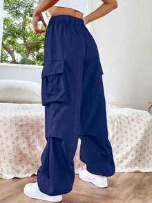 1pc Teen Girls' Loose Versatile Cargo Pants With Flap Pockets And Side Drawstring, Outdoor Style, Spring Summer Autumn Winter Back To School Season - Blue - View 5
