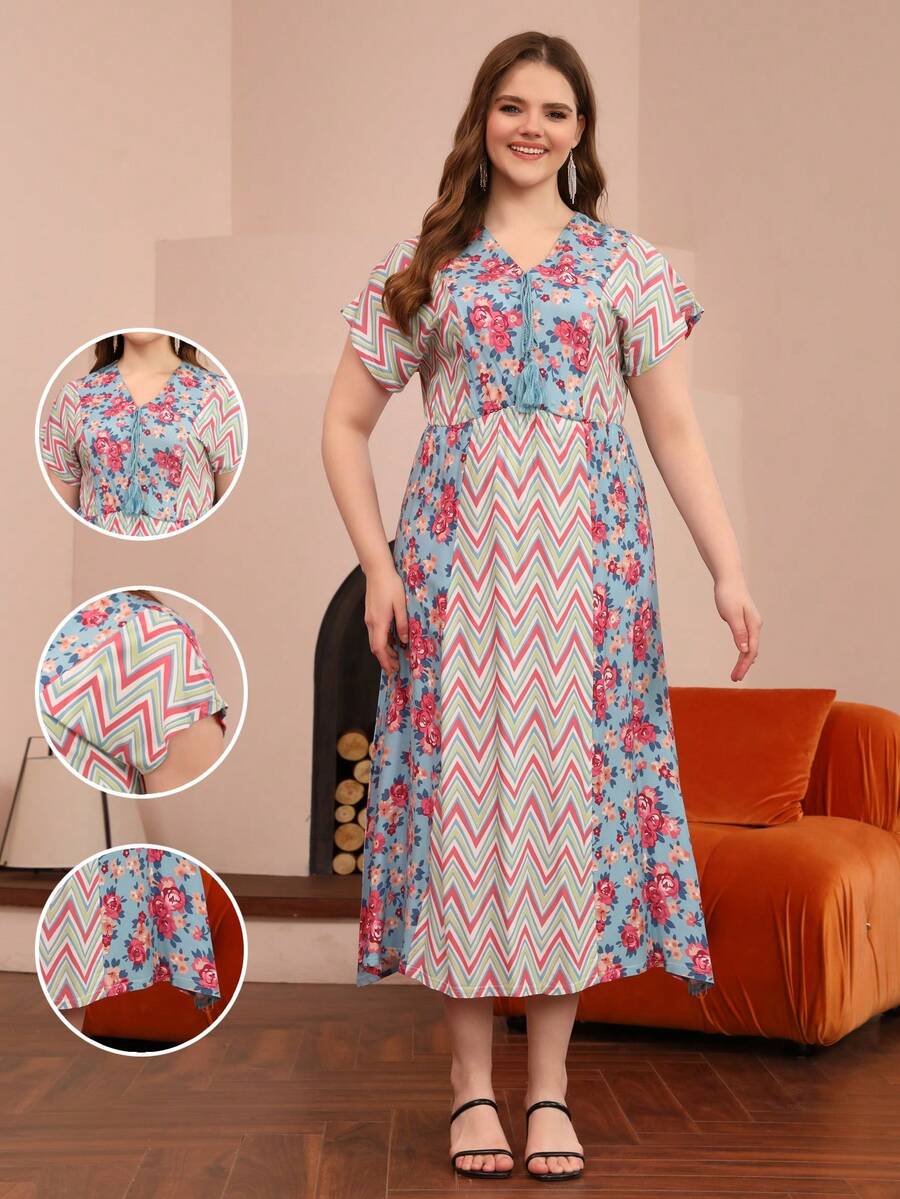 Đầm maxi dài tay cổ chữ V họa tiết hoa nhí thắt tua rua thiết kế mới nhất năm 2026, kiểu dáng truyền thống Ả Rập thanh lịch, phù hợp cho tháng Ramadan, kỳ nghỉ, thời trang độc đáo.