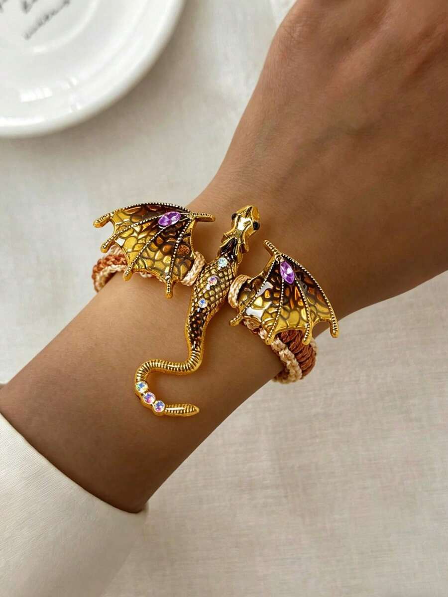 1pc Vintage Glazed Cartoon Dragon Woven Bracelet, Suitable For Women's Daily And Holiday Wear - Coffee - View 1