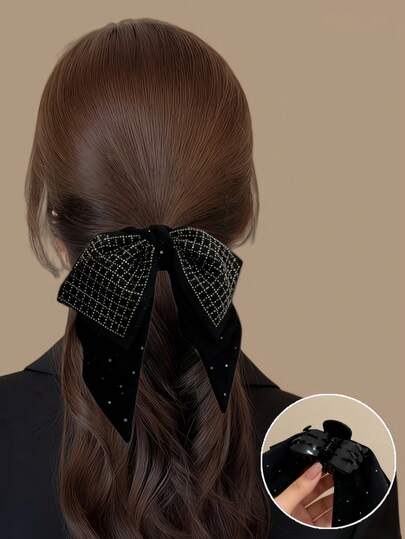 1 pieza Elegante pasador de pelo con diamantes brillantes y lazo con estampado de cuadros para mujeres, para asegurar el cabello en la parte posterior de la cabeza y crear una cola de caballo. Accesorio de pelo versátil y de moda.