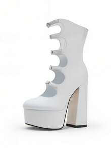 Fashion Womens Short Boots Round Toe Cut-Out Platform Chunky Heel Buckle Straps Ankle Boots Party Club Dressy Occasions Footwear - 白色 - 查看 7
