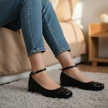 Women's Patent Leather Square Toe Ballet Flat, Retro Style, Low Heel, Comfortable Insole - Negro - Ver 5