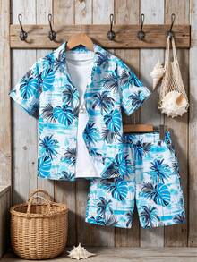 2 件套男童休闲椰子树和碎花短袖 Polo 衫夹克和配套短裤套装，夏威夷 Aloha 衬衫，春夏 - 藍白色 - 查看 7