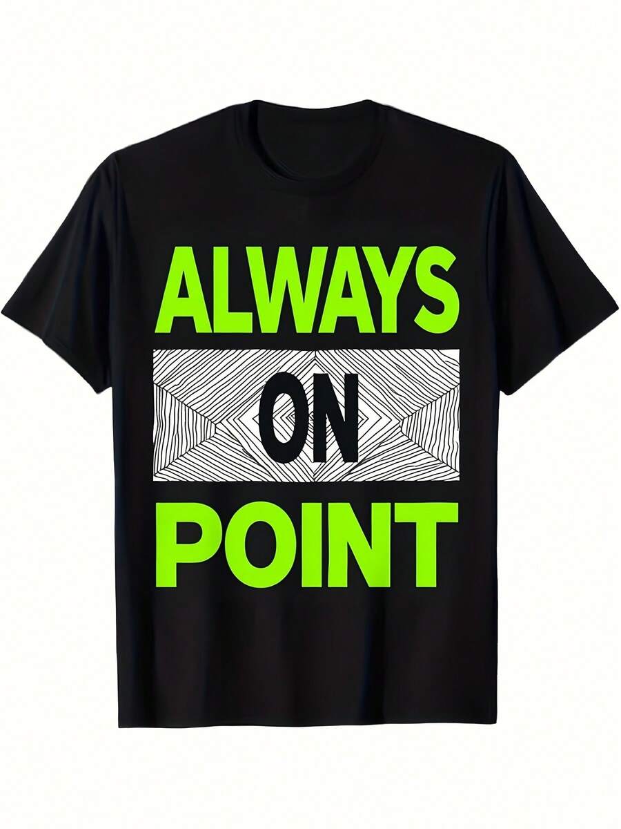 Camiseta Retro Negra de Manga Corta para Hombre - Estampado Gráfico Always On Point, Cuello Redondo| Ropa casual de estilo relajado, adecuada para todas las estaciones, lavable a máquina, ropa ligera para estar en casa y para usar a diario con cualquier atuendo. - Negro - Ver 1