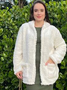 Women's Teddy Animal Print Hooded Jacket – Leopard Style With Fur Pockets - Everyday Wear - 白色 - 查看 5