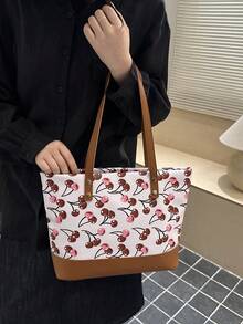 Cute Cherry Print Tote Bag - White - View 4
