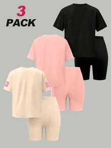 6 Stücke/Set Mädchen Casual Mode Ziffer 25 & Vogel Buchstaben Muster T-Shirt und Shorts Set, bequeme Alltagskleidung, kühler Sommerstil für Mädchen - Verschiedenfarbig - Übersicht 2