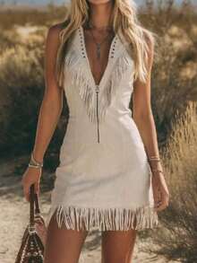 ZZL Women's Tassel V-Neck Zipper Sleeveless Mini Dress - trắng - Xem 8