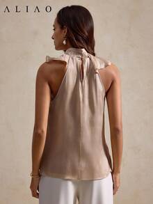 Elegaris ALIAO elegant ärmlös topp med volangkrage i champagne, mångsidig för jobb, dejt och flera tillfällen, avslappnad sommarstil - Champagne - Visa 2