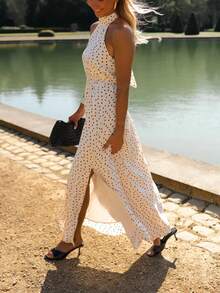 Elegant Women's Sleeveless Backless Polka Dot Maxi Dress, Perfect Summer Slip Dress Style Party ,Petite Women - Apricot - View 4