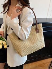 大容量沙滩包，新款休闲简约编织手提包，百搭女士草编手提包 - 棕色 - 查看 4