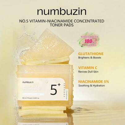 numbuzin 180ml/70pcs 5% Niacinamide & Glutathione & Vitamin C Whitening Concentrated Essence Pads, Fades Dark Spots & Pigmentation, Dual-Sided Jelly & Gauze Pads, PHA LHA Gentle Exfoliation, Soothing & Moisturizing, Suitable For Dull Uneven Skin Tone Daily Use, Suitable For Beginners, Gift, Korean Beauty