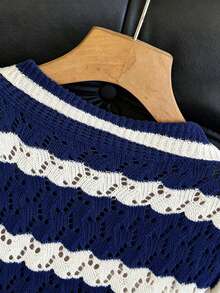 Women's Striped Polo Collar Shorts Set, Fashionable Casual Loose Hollow Thin Knit 2 Pieces Vacation Outfit, Spring/Summer - Royal Blue - View 11