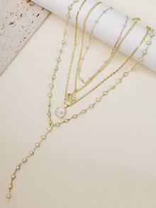 4pcs Vintage Bohemian Metal Shell Pearl Flower Pendant Tassel Necklace Set For Women Daily Wear Beach Vacation Jewelry Gifts New - Yellow Gold - View 3
