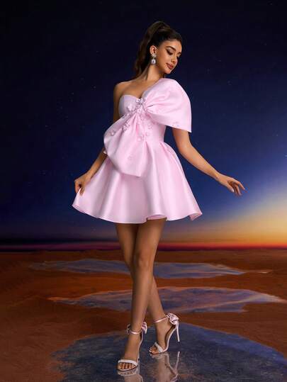 Anymoon Cute Pink Oversized Bow Decor Ball Gown, 3D Floral Formal Party Dress, Suitable For Music Festivals, Graduations, Homecomings, Formal Dances, Weddings And Other Occasions