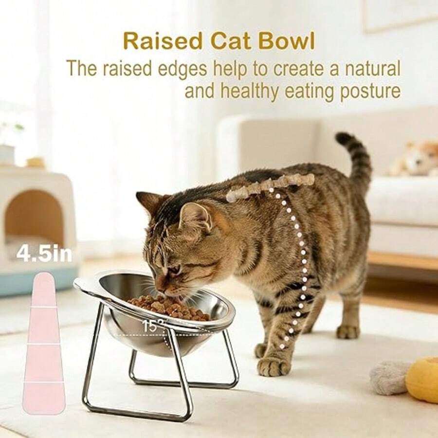 Tazón de comida para gatos de acero inoxidable, tazón inclinado para mascotas que protege el cuello, plato de agua para gatos - 420 ml - Ver 1