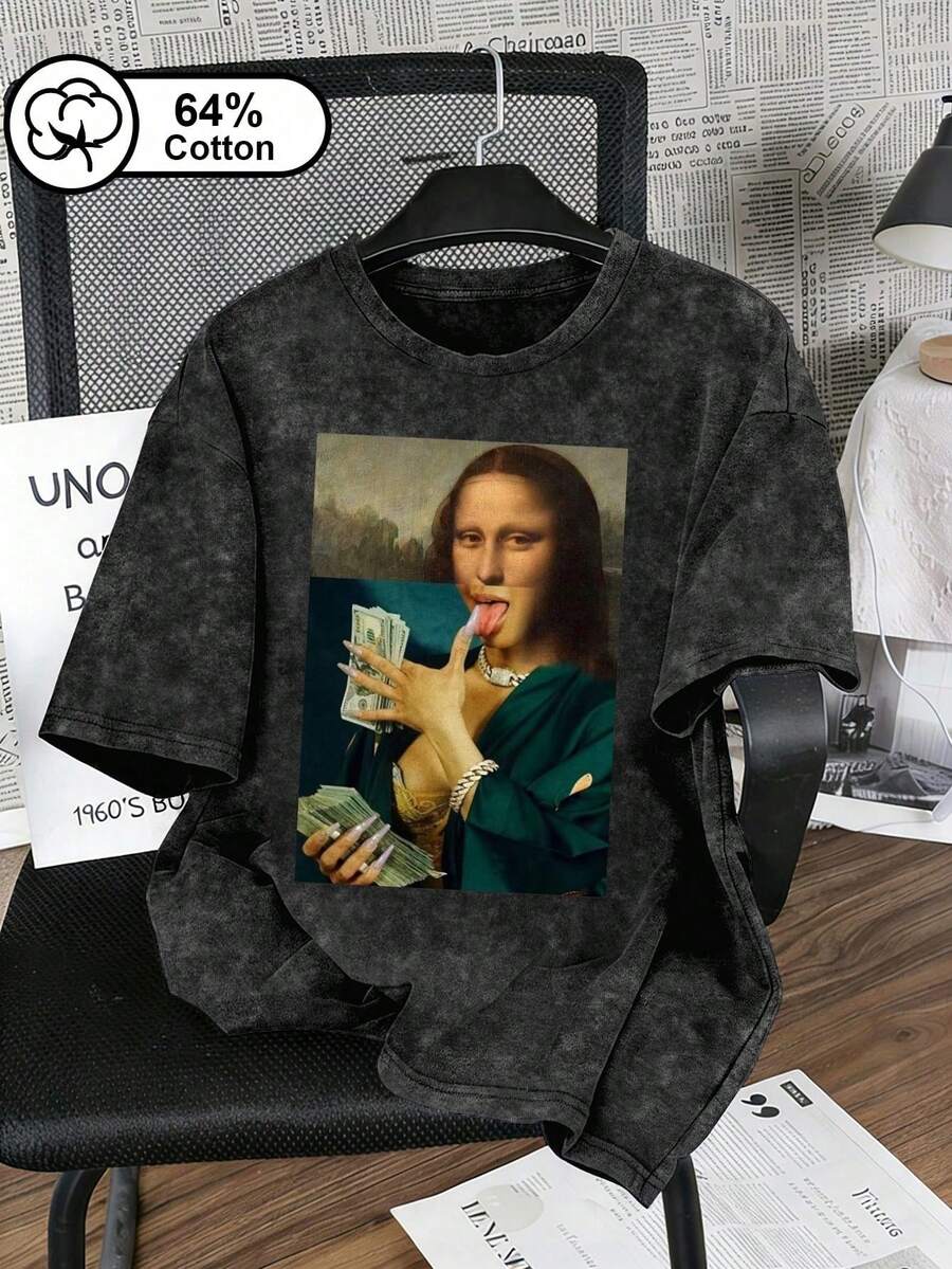 Áo thun ngắn tay nữ cỡ lớn, chất liệu 64% cotton, kiểu dáng vintage, in hình meme hài hước về việc đếm tiền, thích hợp mặc hàng ngày, phong cách thể thao thường ngày, phù hợp cho hoạt động ngoài trời, áo hè cho nữ, trang phục mùa hè, áo thun họa tiết màu đen cho nữ. - màu đen - Xem 1
