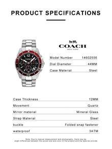 Coach Kent Series Men's Quartz Watch, Silver Tone Case Red Bezel Silver Stainless Steel Band Black Dial - 銀色 - 查看 4