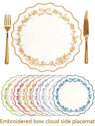 38cm Embroidered Bow Placemat, French Luxury Wavy Edge Round Placemat, Suitable For Western Dining, Party, Holiday, Wedding, Easy To Clean, Anti-Slip, Applicable For Home, Restaurant, Holiday And Party Decoration