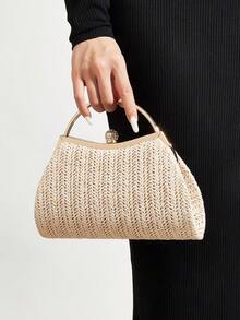 REMANLAND Apricot Fashionable Woven Handbag For Women, Versatile Shoulder Bag For Holiday, Beach, Business Commute, Casual, Minimalist, Beach, Vacation - Apricot - View 2