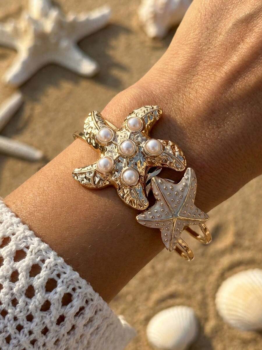 1条仿珍珠海星波西米亚风沙滩手链,时尚百搭,简约配饰,适合女性日常、时尚、派对、假日、宴会等场合佩戴。(由于摩擦,表面可能偶尔会有划痕和不平整,敬请谅解。) - 金色 - 查看 1
