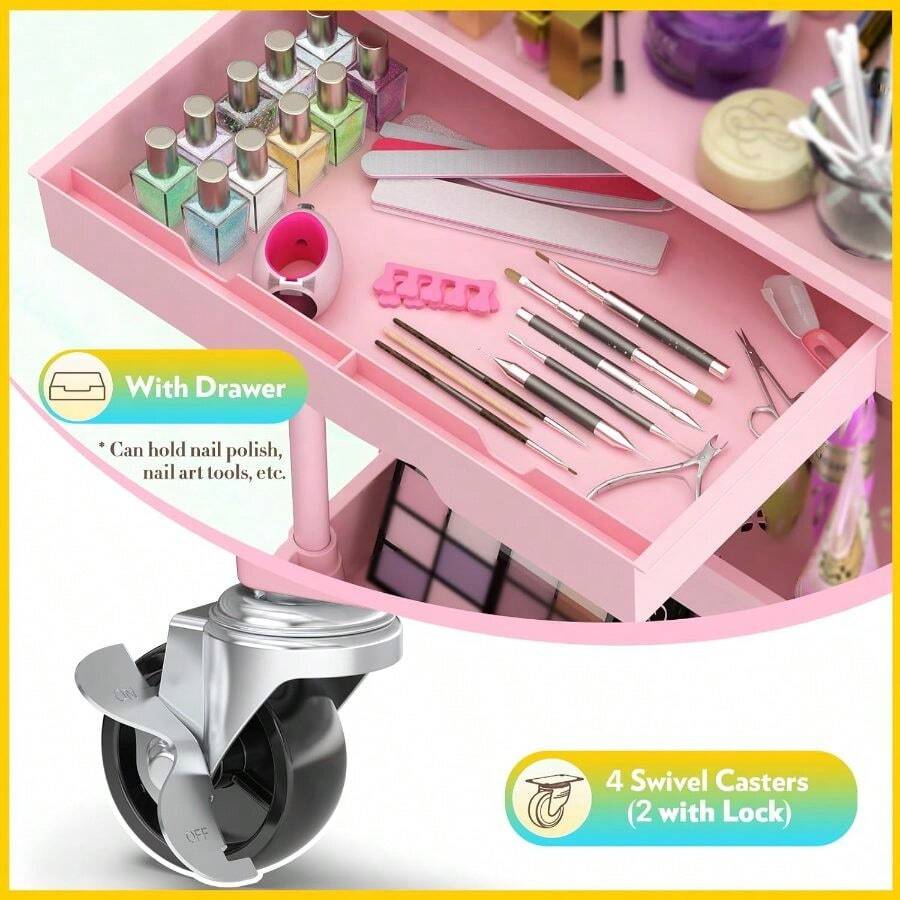 Makeup Cart Organizer With Drawers, Floor Skincare Organizers Vanity Storage Organizer, Rolling Makeup Bathroom Storage Cart Cosmetics Display Cases Skin Care Perfume Nail Polish, Pink - Pink + 3 Tier - View 1