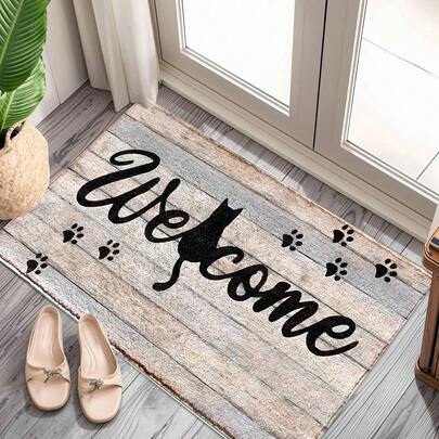 1pc Distressed Light Gray Wood Grain Texture, Paired With Cat Silhouette Letter Print, Surrounded By Symmetrical Black Paw Print Pattern, Faux Wool-Like TPR Bottom Doormat, Bathroom Mat, Kitchen Mat, Laundry Room Mat, Holiday Decor, Home Decor, Party Decor, Wedding Decor, Dining Room Decor