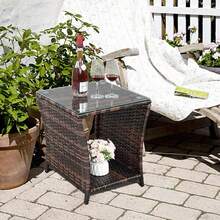 Small Garden Table, Rattan Patio Table With Glass Top & Shelf Under, Weatherproof For Indoor Outdoor, 46x46x50cm Brown - 棕色 - 查看 5