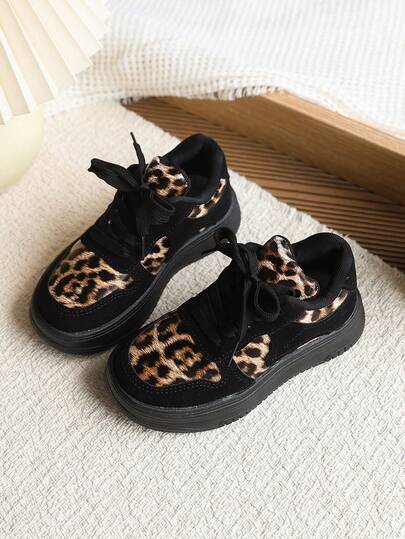 2026 Spring/Autumn New Leopard Print Patchwork Thick Sole Casual Sneakers, Soft Non-Slip Soles, Retro Sports Shoes For Toddlers & Kids, Versatile Black Shoes