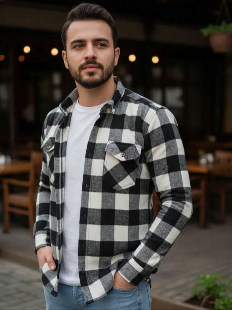 Men's Flannel Plaid Shirt With Pockets, Long Sleeves - 黑與白 - 查看 1