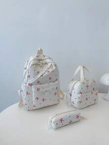 3pcs Fashionable Collegiate Bow Print Backpack Set, Including Backpack, Lunch Bag And Pencil Case, With Laptop Compartment, Adjustable Straps, Multi-Pocket Large Capacity Student Backpack Set, Suitable For Girls/Teens/College Students/Graduates For Daily Use/Vacation/Travel/Back To School - Multicolor - View 9