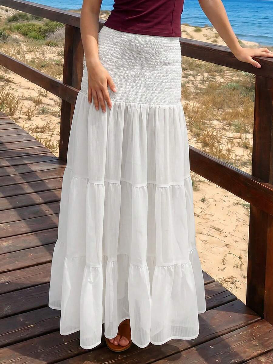 女士优雅时尚白色褶皱百褶薄纱半身裙，时尚别致，适合日常通勤、度假和约会，春夏款 - 白色 - 查看 1