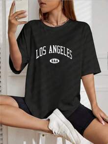 Camiseta con estampado de letra de cuello redondo - Negro - Ver 1