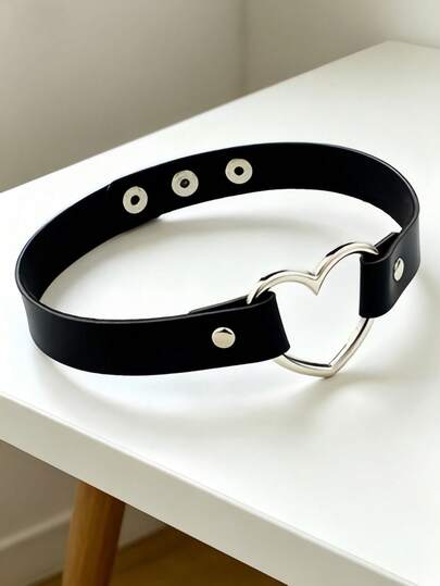 1pc Women's Metal Tag Circular Pendant Necklace, PU Leather Material, Dark Goth Style, Exaggerated Punk Personalized Choker Necklace, Street Style, Pull Cord Chain Necklace