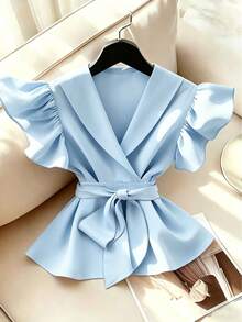 Áo kiểu quấn eo màu trơn cổ chữ V, tay bồng, thắt eo, thích hợp cho mùa hè. - Màu xanh lam - Xem 3