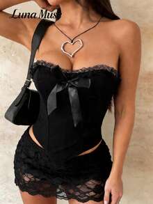 Luna Muse Women's Spring/Summer New Vintage Brown Floral Jacquard Bustier Top, Victorian Boned Corset Body Shaper, Y2K Sexy & Eye-Catching, Maillard Style Cropped Cami Top, Elegant Slim Fit High-End. Perfect For: Daily, Casual, Banquet, Vacation, Date, Streetwear, Performance, Outdoor, Back To School, Dark Academia, Retro Aesthetic, Thanksgiving, Music Festival, Valentine's Day, New Year, Party Wear - Black - View 2