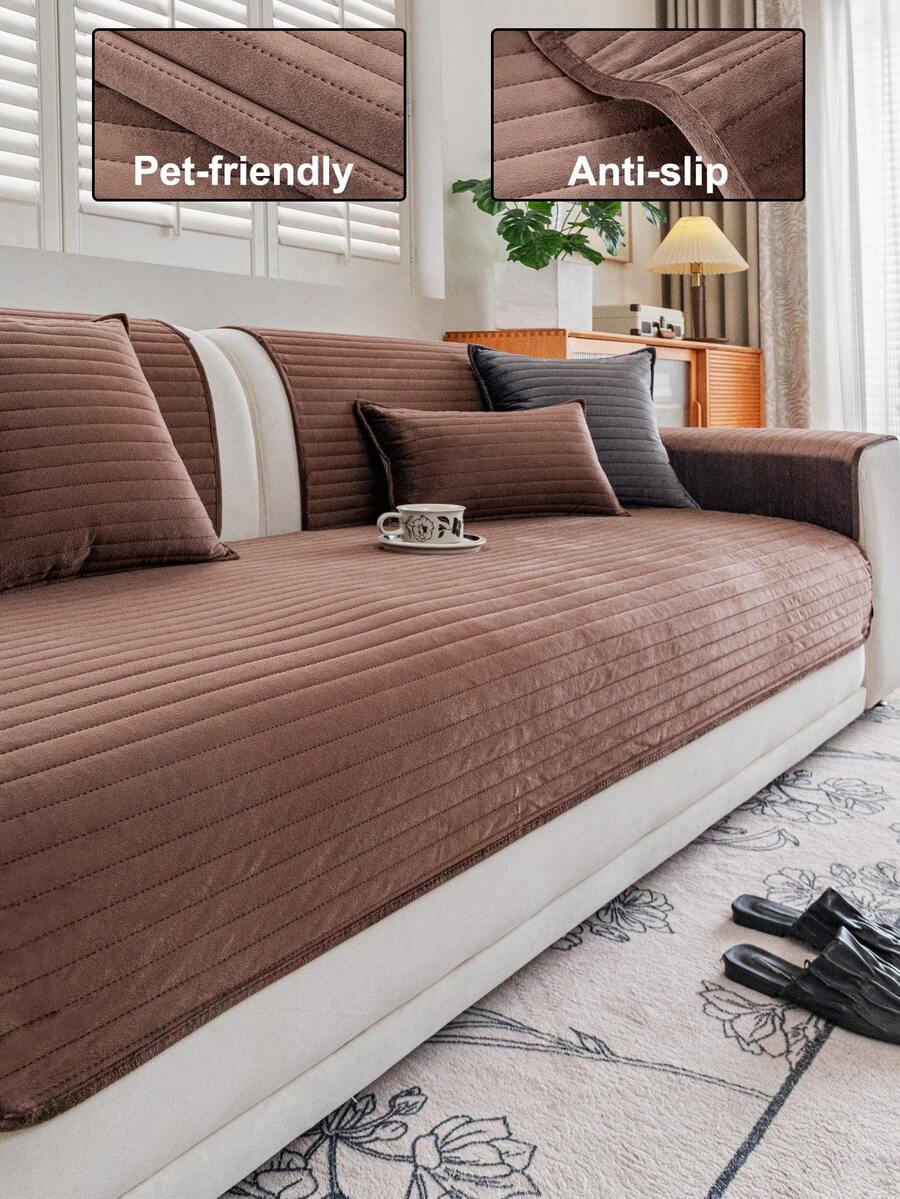 1 tấm bọc ghế sofa siêu âm màu trơn, thiết kế sọc 3D, chần bông jacquard, ấm áp và mềm mại, thân thiện với thú cưng, chống bẩn và trầy xước, phù hợp cho mọi mùa, dùng được cho ghế sofa 1/2/3/4 chỗ ngồi. - màu nâu - Xem 1