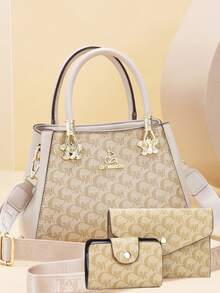 Elegant 3-In-1 Women's Tote Bag Set, Classic Monogram Print Shoulder Crossbody Bag With Adjustable Strap & Matching Wallets - Brown - View 8