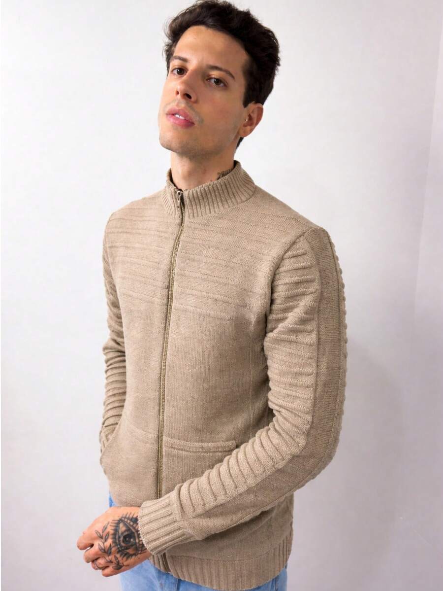 Men's Zippered Knit Jacket, Striped Sweater, Autumn/Winter, Regular Fit, Zipper, Daily Wear, For Going Out - 米色 - 查看 1
