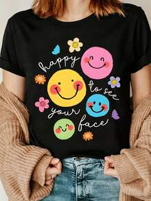 Slogan Floral Cute Sun Graphic Round Neck Short Sleeve Plus Size T-Shirt Casual Black - Black - View 2