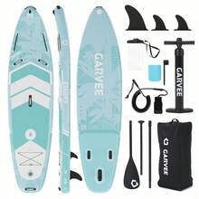 Tabla de paddle inflable vertical – PVC de grado militar, cubierta ancha y estable antideslizante, tres quillas, ligera y portátil, accesorios completos – Soporta hasta 450 lb, apta para principiantes, 10'6" x 32" x 6" - elemento de hoja de palma azul verdoso marrón - Ver 3