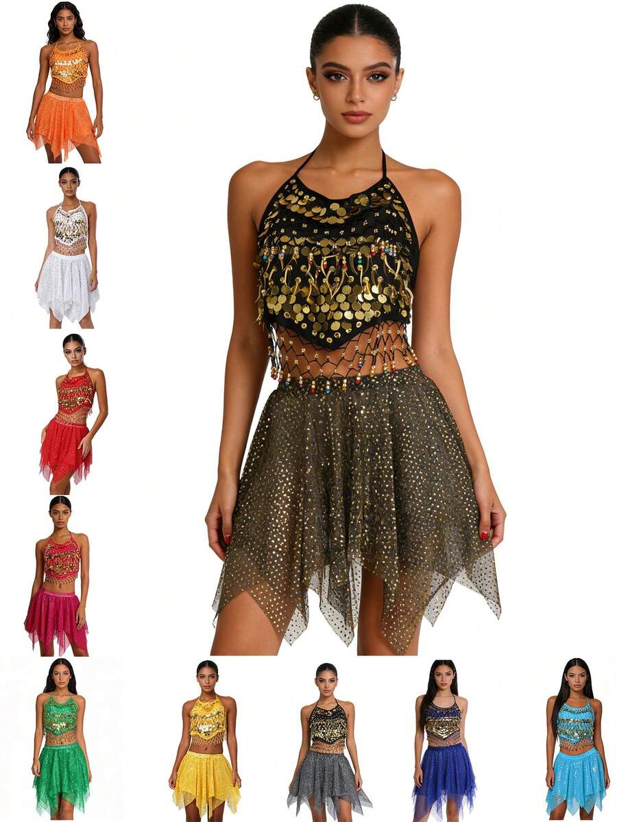 Belly Dance 2 Pieces Costume Set - Coin Embellished Halter Crop Top With Sparkly Asymmetrical Mesh Skirt For Stage Performance & Dance Practice (Available In Multiple Colors) - Multicolor - View 1