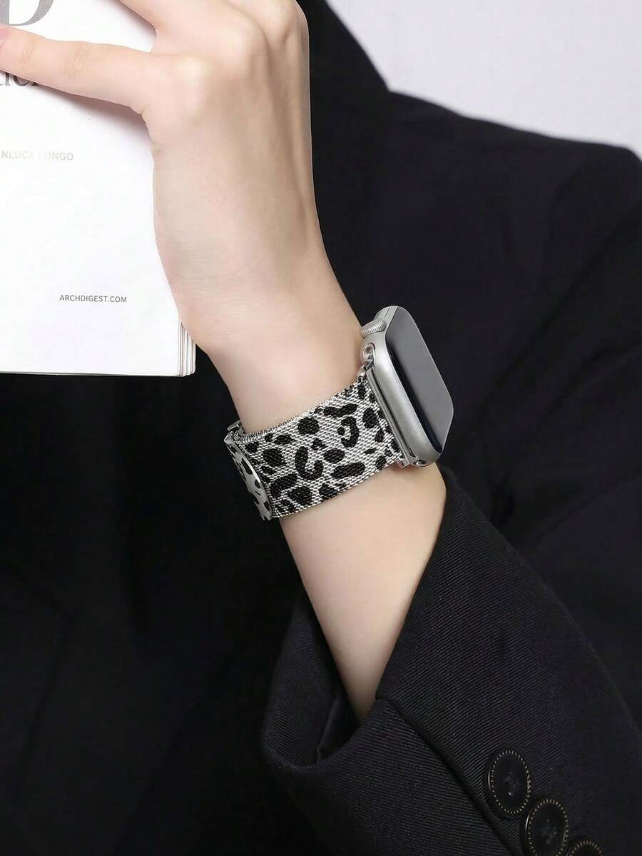 1条女士时尚银黑色豹纹磁吸米兰尼斯表带，兼容 38mm 40mm 41mm 42mm 44mm 45mm 46mm 49mm，时尚豹纹表带兼容 Series Ultra 11 10 9 8 7 SE3 6 5 4 3 2 1，智能手表表带，时尚编织表带，表带配件，智能手表表带替换装，日常佩戴的优雅表带，适合派对旅行，送给女性朋友的绝佳礼物