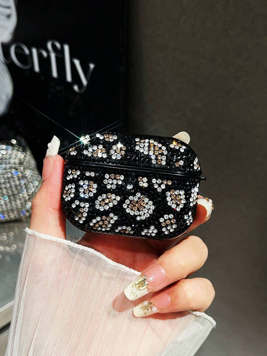 1pc Black Rhinestone Leopard Print Bluetooth Earphone Protective Case For AirPods