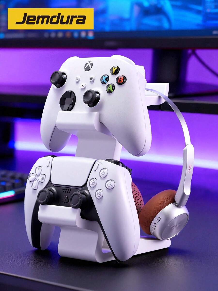 二合一双层游戏手柄支架，带耳机挂架，桌面收纳架，兼容 PlayStation 5/PlayStation 4/ Series X/S/Switch Pro 手柄，3D 打印极简电竞桌面配件，坚固防滑，节省空间，送给游戏玩家/男友的最佳生日礼物