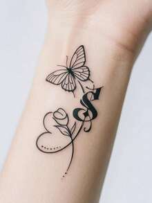 1pc Sticker, Line Art Butterfly, Rose, Letter S, Heart, Wrist, Temporary Tattoo Sticker, Suitable For Arms, Abdomen Non-Reflective, Realistic Tattoo, Suitable For People, Daily Use, Lasts3-5Days - Black - View 3