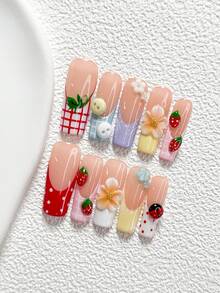 10Pcs Pastoral And Playful Style Handmade Nail Art Set,Unghie Press On,Little Flower, Little Pig's Nose Nail Art Accessories,Hand Sculpted Five Petal Flowers, Strawberries And Bugs Nail Art Decorations,Red, White, Purple, Blue, Yellow, Pink And Green Nail Polish,Fresh And Stylish Style,Comes With Nail Tools(1 Sheets Jelly Stickers+1PC Nail File)3 Sizes Available,Almond Nails, Duck Nails,Coffin Nails,Suitable For Reunion,Daily,Party,Photograph,Play,Spring Summer,Commute Supplies Nails - 彩色 - 查看 12