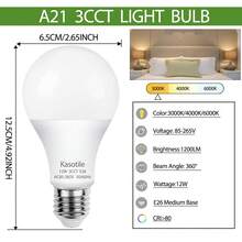 10个装 - Kasotile A21 LED灯泡,12瓦,E26/E27中号螺口灯座(相当于100瓦白炽灯)。三色温切换(3000K/4000K/6000K),适用于各种环境,显色指数85+,无频闪,适用于家居装饰、出租房、卧室和厨房照明。 - 白色 - 查看 4