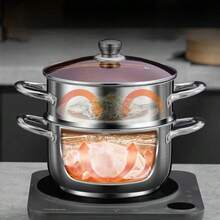 Bộ hấp bằng thép không gỉ chất lượng cao, bao gồm nồi, khay hấp và nắp, làm từ thép không gỉ 304, dày dặn và bền chắc, có thể rửa bằng máy rửa chén, đáy dẫn nhiệt nhanh, phù hợp với mọi loại bếp. - Xem 3
